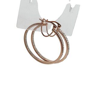 Rose Gold Tone Hoop Earrings With Rhinestone Accents 1.5" Diameter